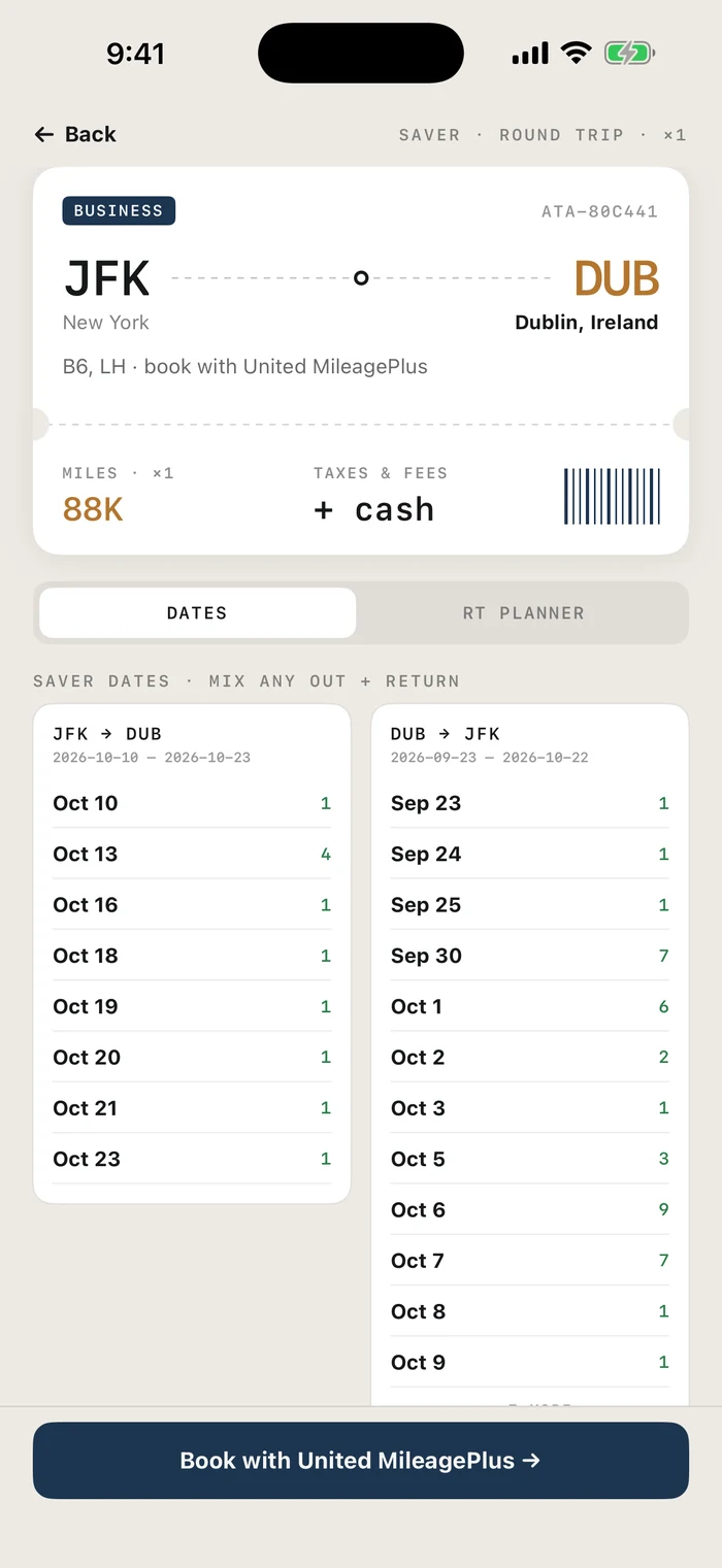 Trip detail with saver dates on both legs